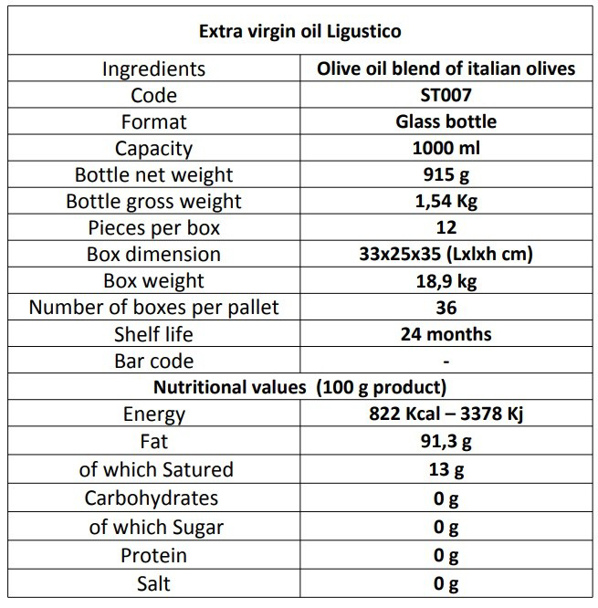 Extra Virgin Olive Oil in 1000 ml Bottle - Ligustico
