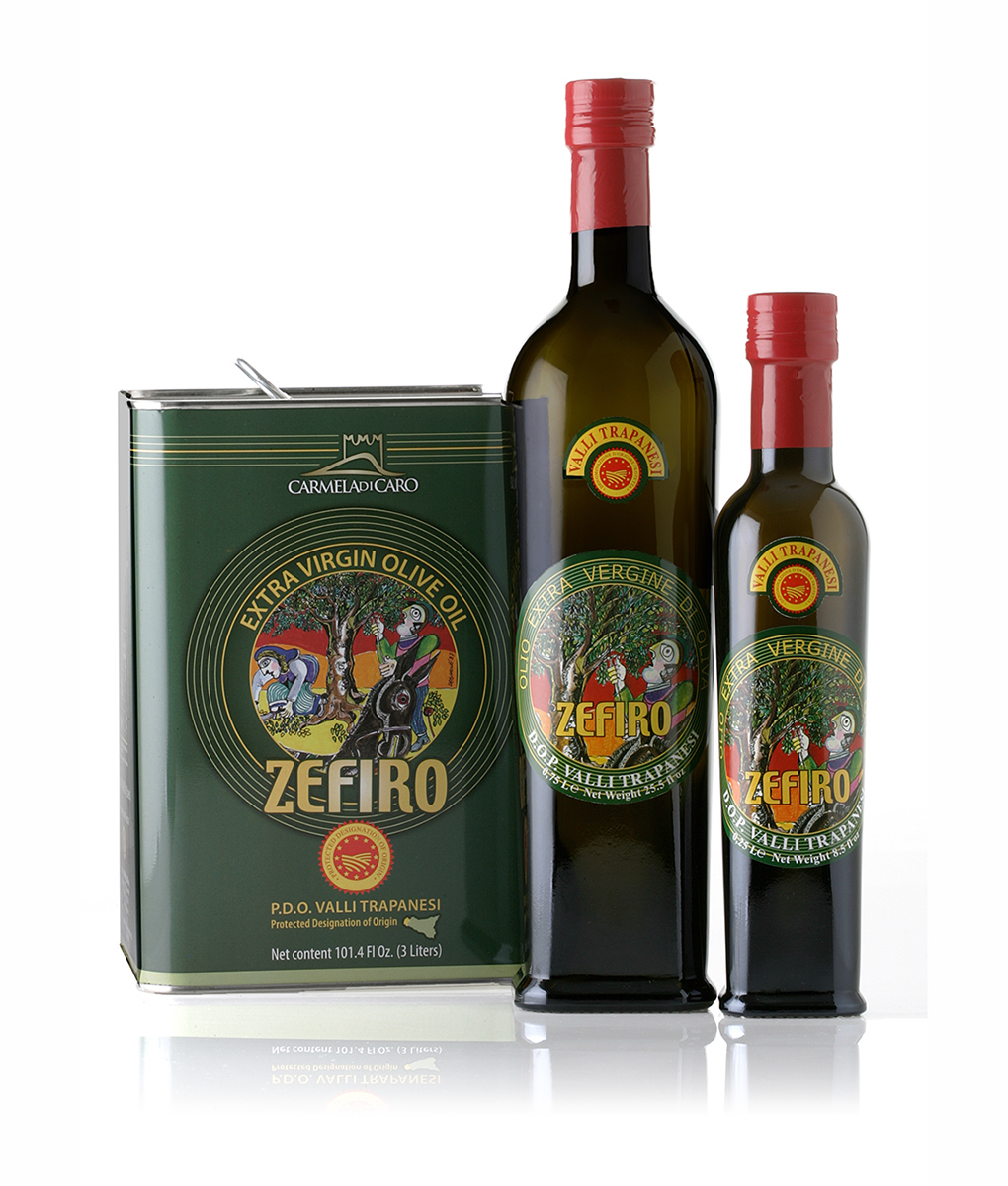 ZEFIRO Extra virgin olive oil - D.O.P. Valli Trapanesi A SPECIAL TASTE AND SMELL FROM SELECTIONED VARIETIES Obtained from the olive groves of the “Valli Trapanesi”, Zefiro is a palatable and lightly spicy extra virgin oil, with a fruity smell.  Suitable for every courses, specially advised on both raw and coocked vegetables and fish dishes.